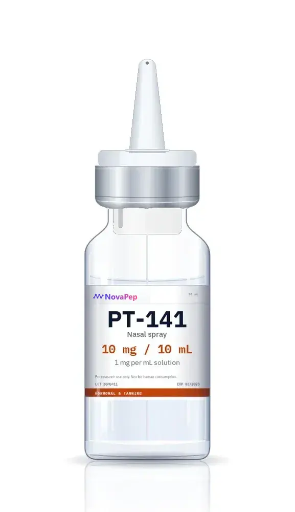 PT-141 10 mL nasal spray bottle with white pump actuator, silver collar and white NovaPep label
