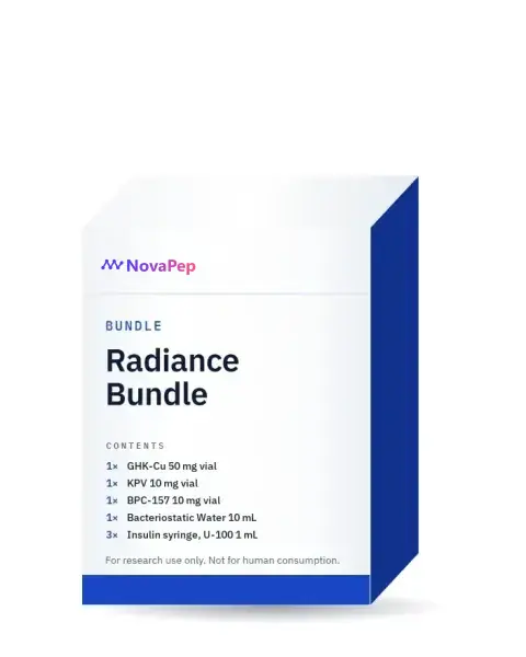 White and blue NovaPep carton labelled Radiance Bundle with its contents list