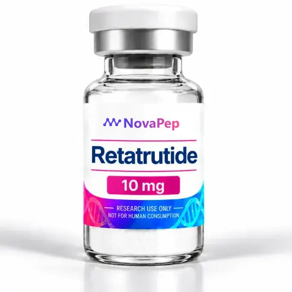 Retatrutide 10 mg lyophilised peptide vial with white cap and pink and blue label