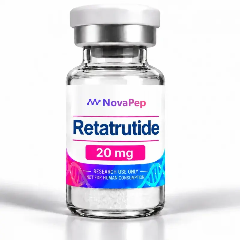 Retatrutide 20 mg lyophilised peptide vial with white cap and pink and blue label