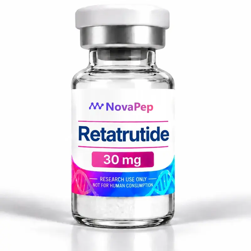 Retatrutide 30 mg lyophilised peptide vial with white cap and pink and blue label