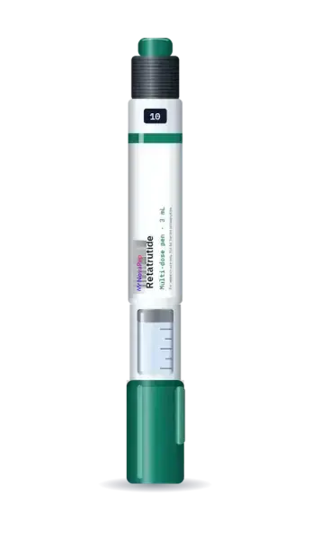 Retatrutide 10 mg multi-dose pen, 3 mL, with green cap and white label