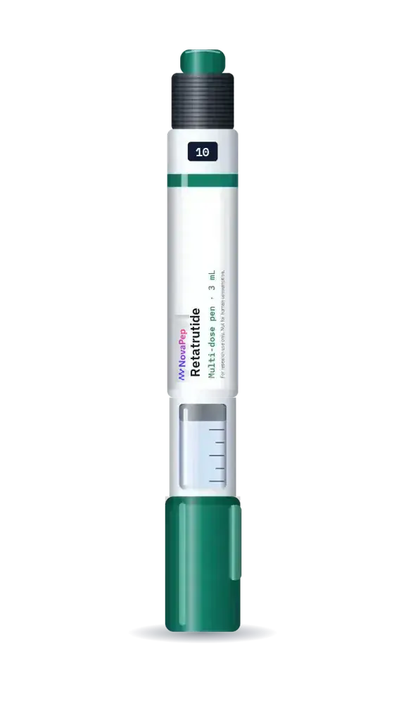 Retatrutide 10 mg multi-dose pen, 3 mL, with green cap and white label