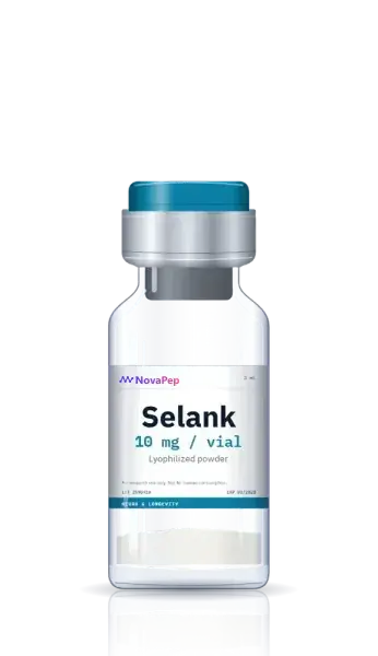 Selank 10 mg lyophilised peptide vial with teal flip-off cap and white label