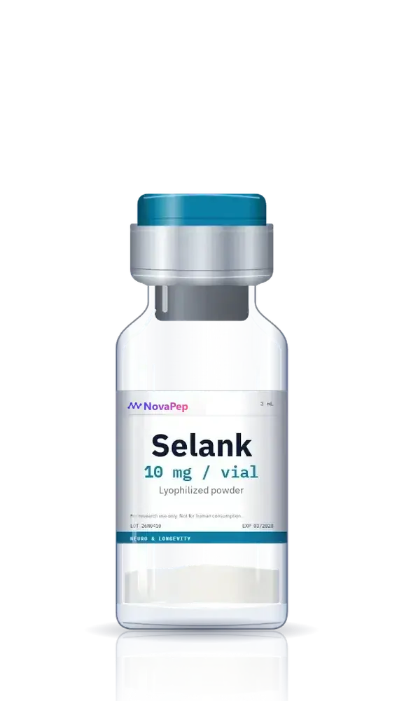 Selank 10 mg lyophilised peptide vial with teal flip-off cap and white label