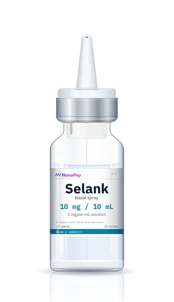 Selank 10 mL nasal spray bottle with white pump actuator, silver collar and white label