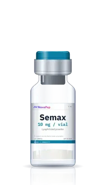 Semax 10 mg lyophilised peptide vial with teal flip-off cap and white label