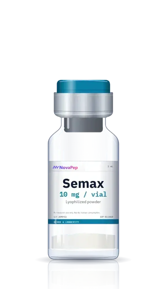 Semax 10 mg lyophilised peptide vial with teal flip-off cap and white label