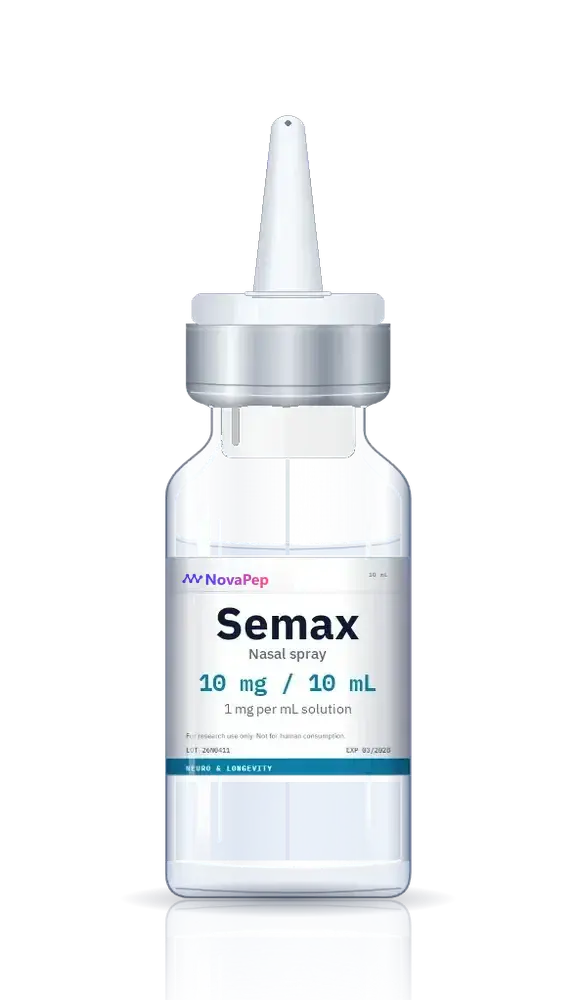 Semax 10 mL nasal spray bottle with white pump actuator, silver collar and white label