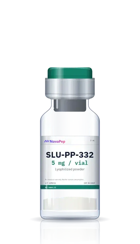 SLU-PP-332 5 mg lyophilised research vial with green flip-off cap and white label