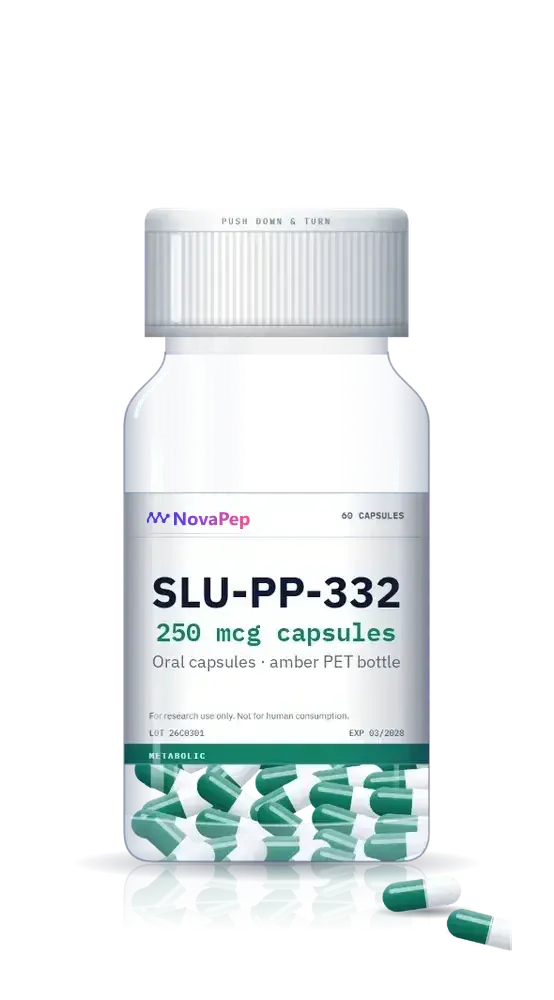 SLU-PP-332 250 mcg capsule bottle, 60 capsules, with white child-resistant cap and green and white capsules in front