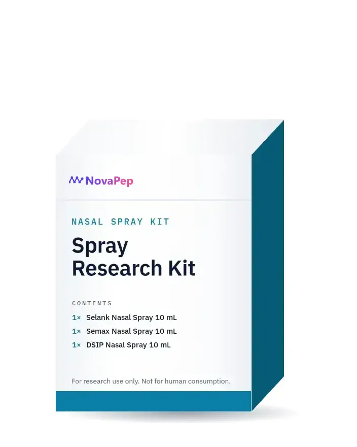 White and teal NovaPep carton labelled Spray Research Kit, listing Selank, Semax and DSIP nasal sprays