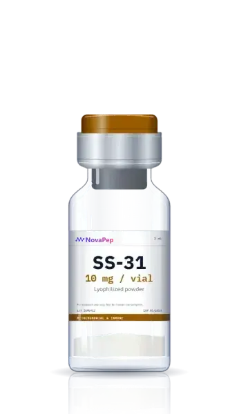 SS-31 10 mg lyophilised peptide vial with amber flip-off cap and white label