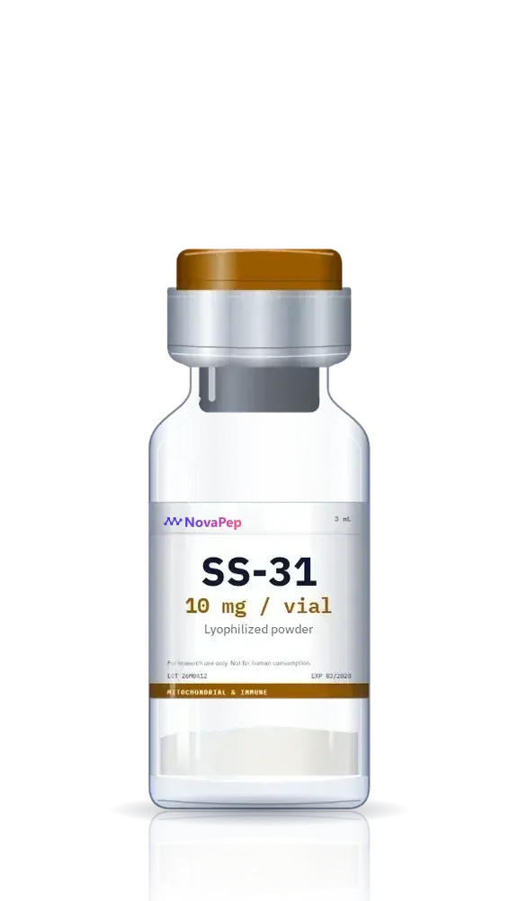 SS-31 10 mg lyophilised peptide vial with amber flip-off cap and white label