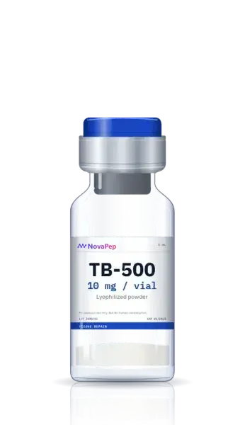 TB-500 10 mg lyophilised peptide vial with blue flip-off cap and white label