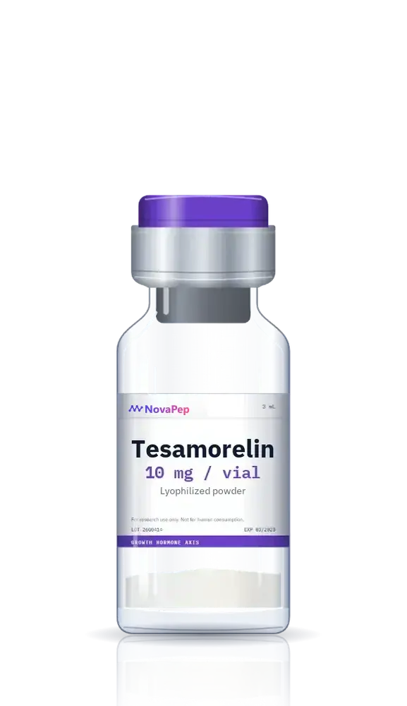 Tesamorelin 10 mg lyophilised peptide vial with purple flip-off cap and white label