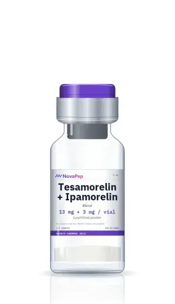 Tesamorelin and ipamorelin blend 13 mg plus 3 mg lyophilised peptide vial with purple flip-off cap and white NovaPep label