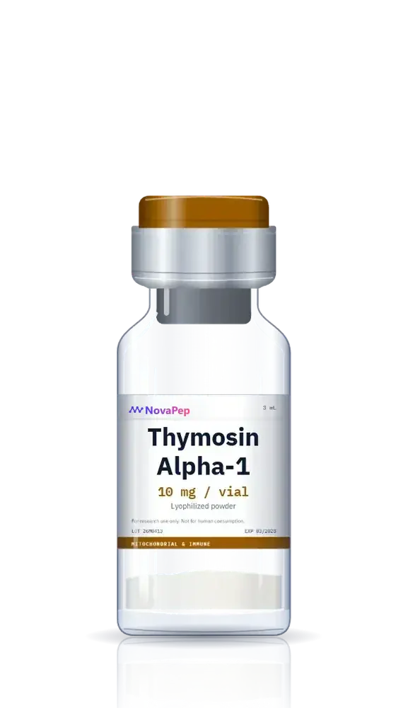 Thymosin Alpha-1 10 mg lyophilised peptide vial with amber flip-off cap and white label