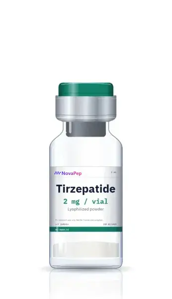 Tirzepatide 2 mg lyophilised peptide vial with green flip-off cap and white NovaPep label