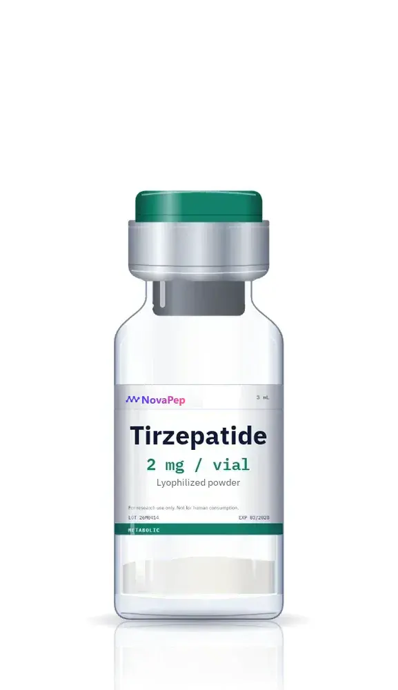 Tirzepatide 2 mg lyophilised peptide vial with green flip-off cap and white NovaPep label
