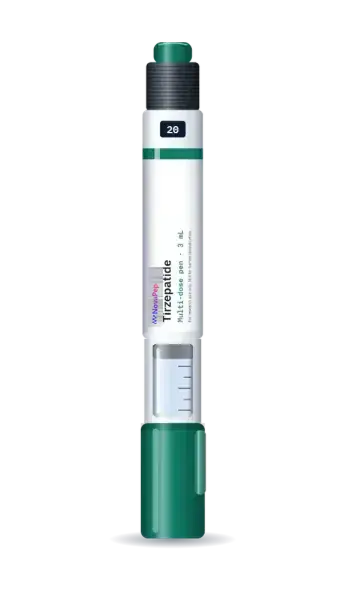 Tirzepatide multi-dose pen, 3 mL, with green cap, dial showing 20 and white label
