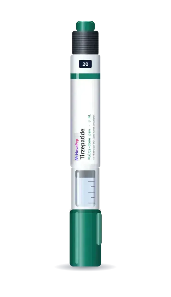 Tirzepatide multi-dose pen, 3 mL, with green cap, dial showing 20 and white label